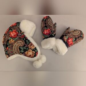 New Folk Art Design Set: Women's Winter Faux Fur Hat And Mittens